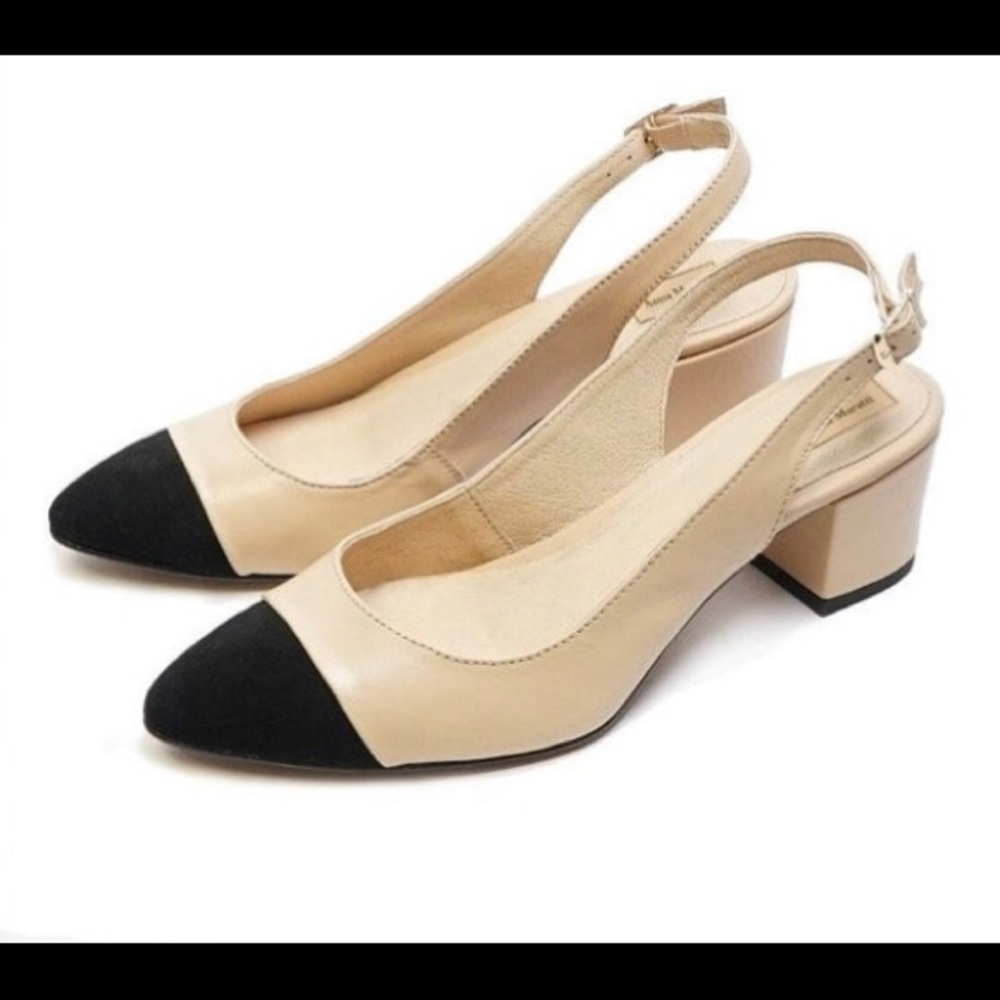 Leather Two-tone Sling-Back Block Heels